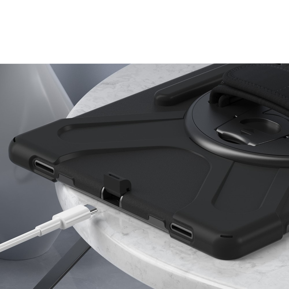 Samsung Galaxy Tab S8 Ultra Hybrid Outdoor Silikon Case Hülle mit Aufsteller und Handschlaufe und Schultergurt - Schwarz