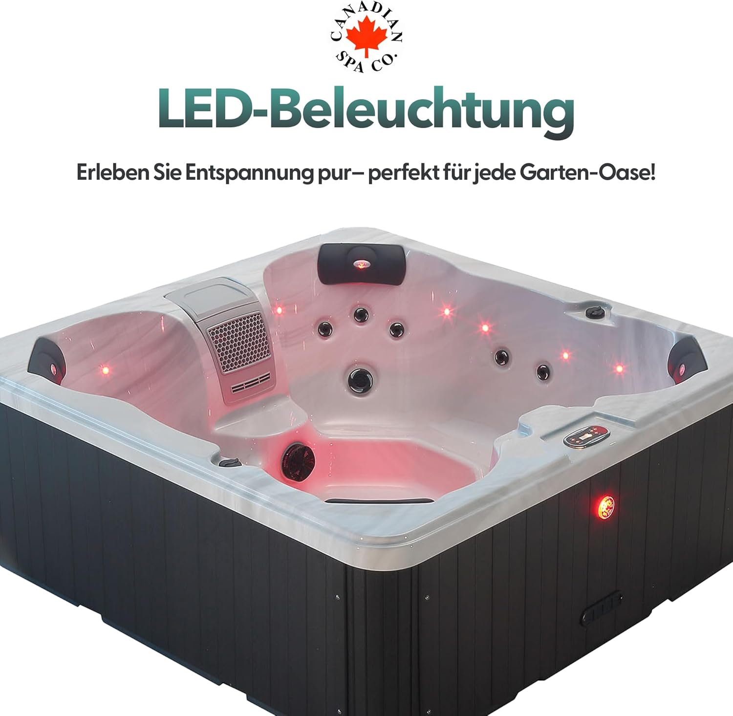 CANADIAN SPA CO. Cornwall Plug & Play 13 Outdoor Hot Tub 5 Personen, 198x198x73 cm, viereckig, mit Abdeckung, LED Beleuchtung, Heizung und 18 Jets, ganzjährige Nutzung