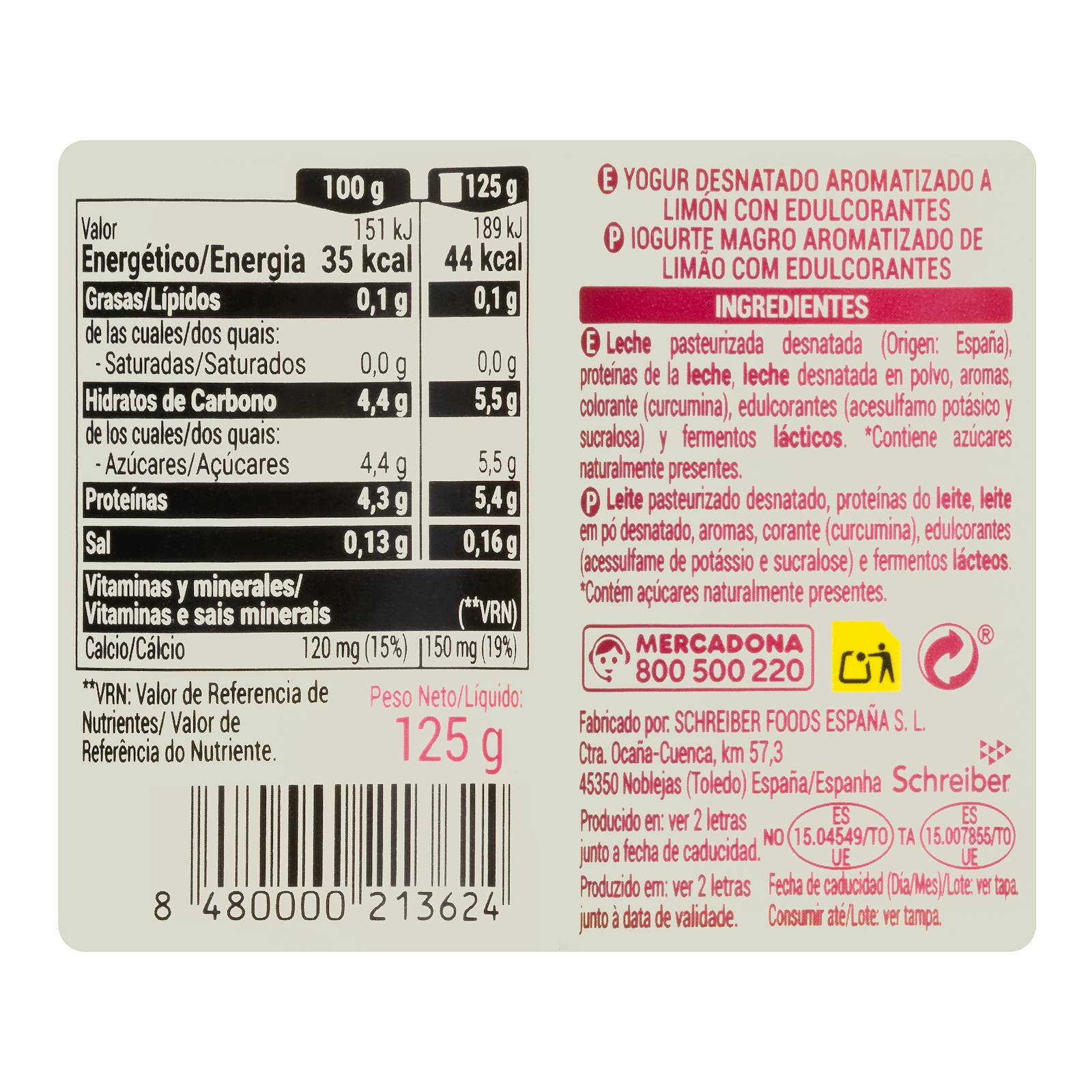 Yaourt aromatisé au citron Hacendado 0% mg 0% sans sucres ajoutés
