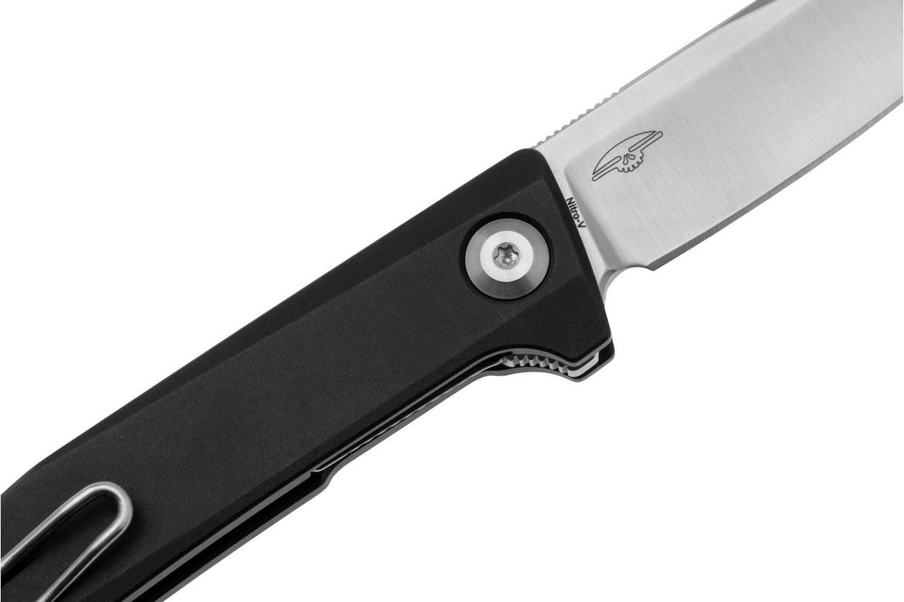 Real Steel Teres Flipper 7111BS Nitro-V Satin, Black Aluminum, zakmes, Poltergeist design