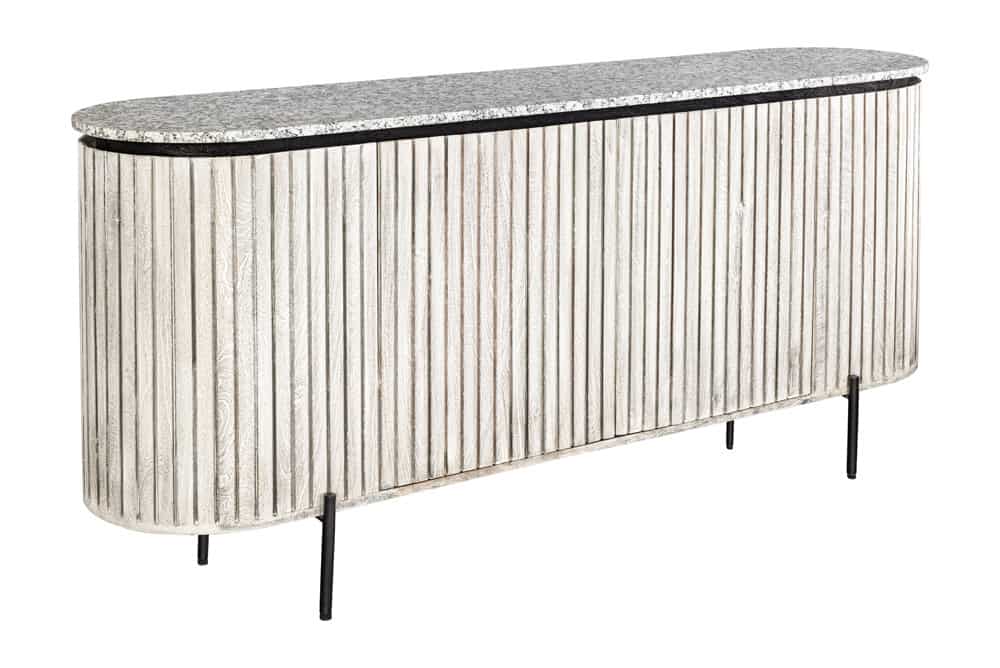 Massives Sideboard ADLON 170cm grau gebürstet Mangoholz mit weißer Marmorplatte