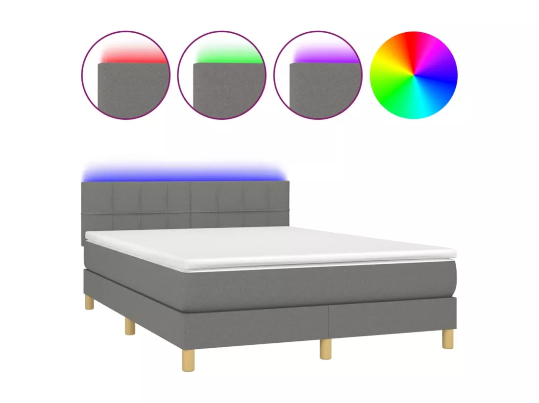 Sommier tapissier et matelas et LED Gris foncé 140x190 cm Tissu