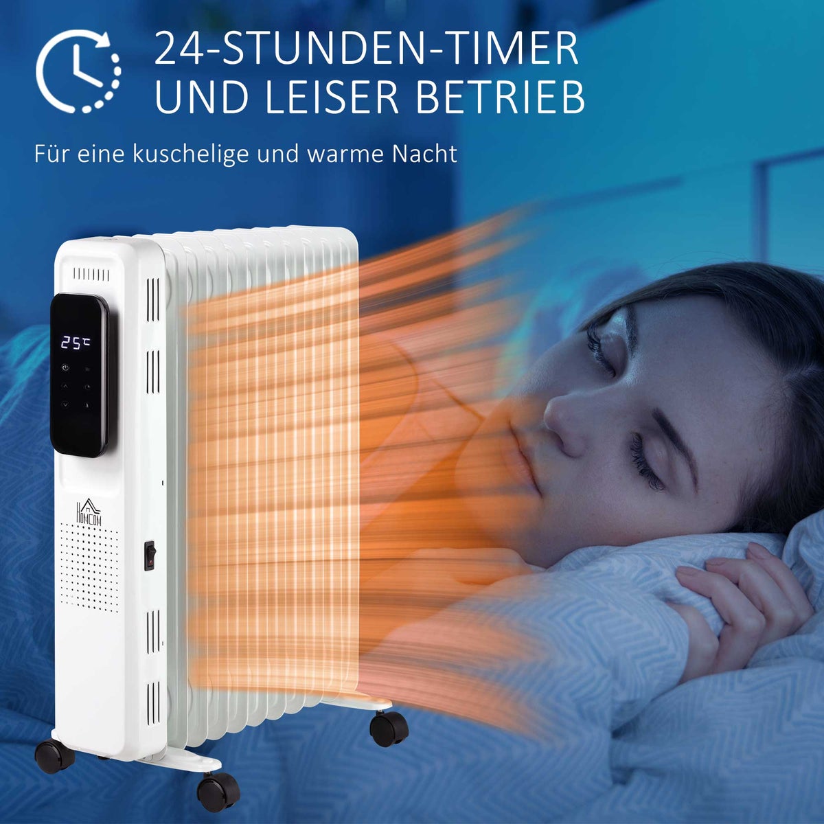HOMCOM Draagbare elektrische olieradiator, 2500W, 3 warmtestanden, 24-uurs timer, 11 verwarmingspanelen met 4 wielen, wit staal, 50,5 x 24 x 63 cm