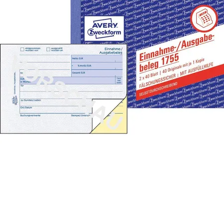 Avery Zweckform 1755 Einnahme-/Ausgabebeleg, A6 quer, selbstdurchschreibend, 2x40 Blatt