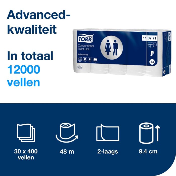 Toiletpapier Tork 110771 T4 30rollen Advanced 2-lgs wit 50mtr x10cm pak à 30 rol/400 vel (110771)