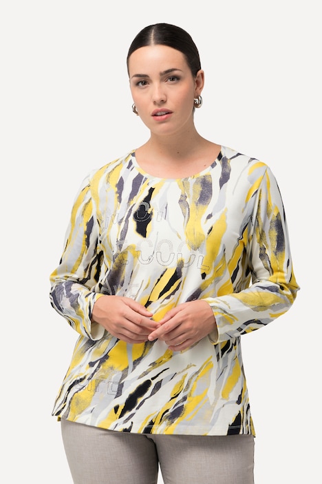 Shirt, Marmordruck, Ziersteine, Rundhals, Langarm