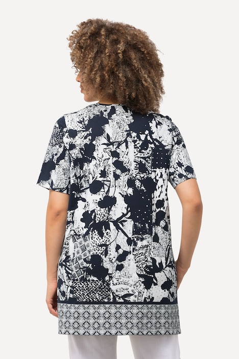 T-Shirt, Patchdruck, Zierbänder, V-Ausschnitt, Halbarm