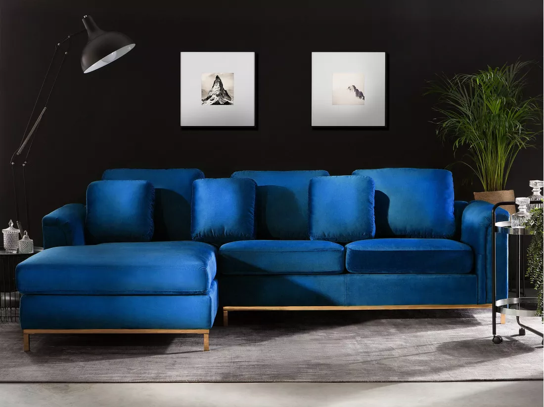 Canapé Angle à gauche en Velours Bleu Foncé Dossier Matelassé Housses Amovibles Oslo