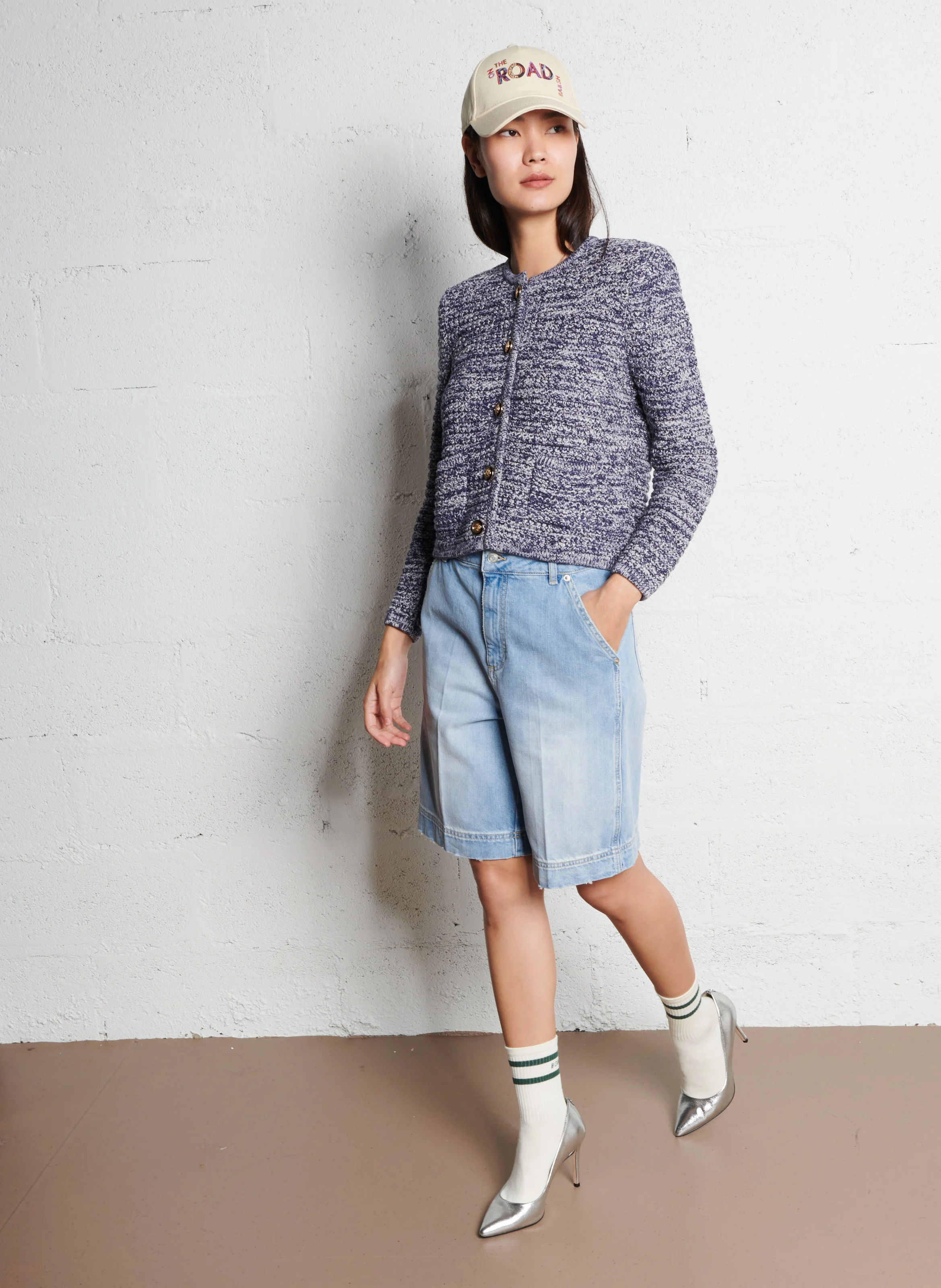 GUSPA - Gilet droit col rond en coton mélangé | Bleu