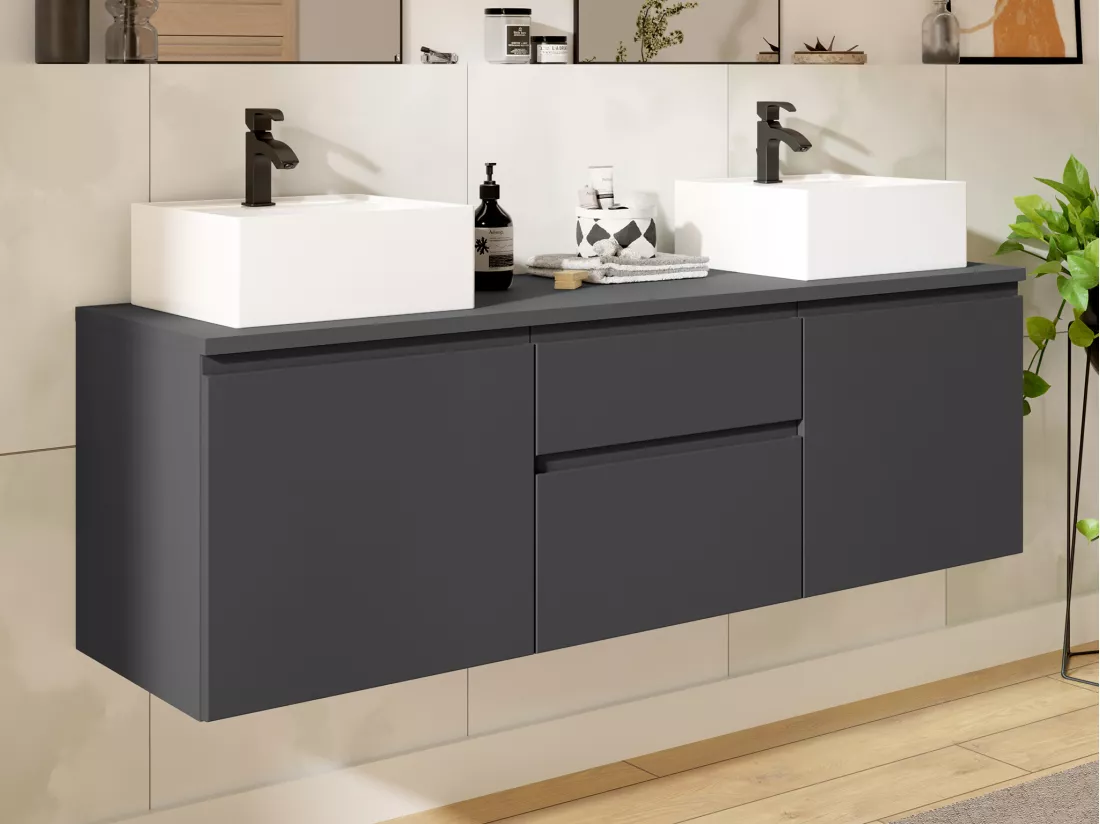 Meuble de salle de bain suspendu avec double vasque - Gris - 150 cm - JIMENA II