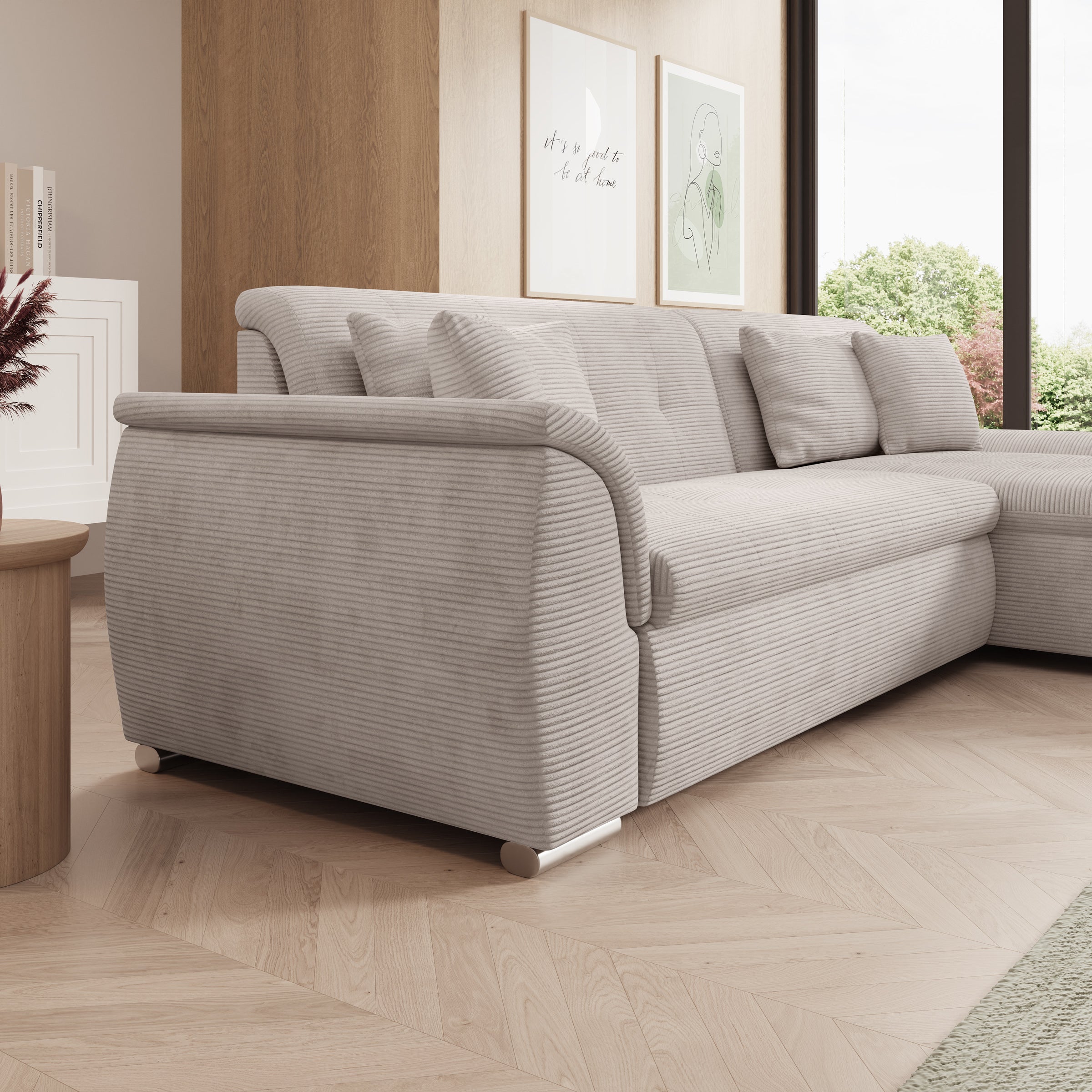 Alberta - Hoekbank 3-zits met slaapfunctie - Ribstof beige - Rechts - 286x170x80 cm