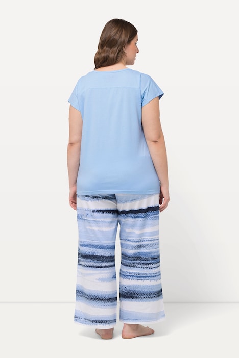 Pyjama, Streifen, Stickerei, Rundhals, Halbarm