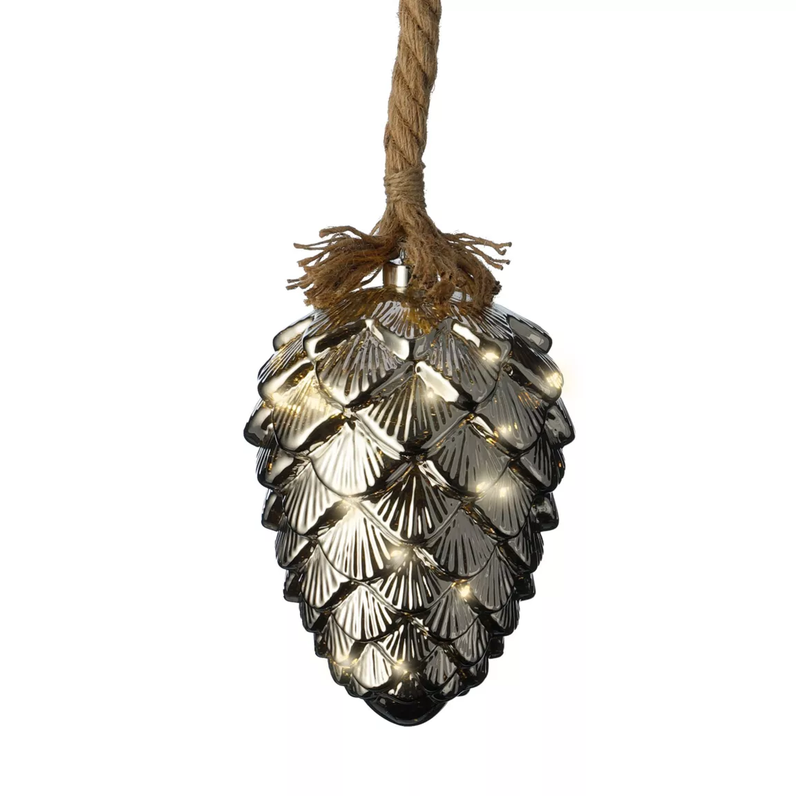 Pomme de pin lumineuse à piles 15 LED (H21 cm) Argent et Blanc chaud