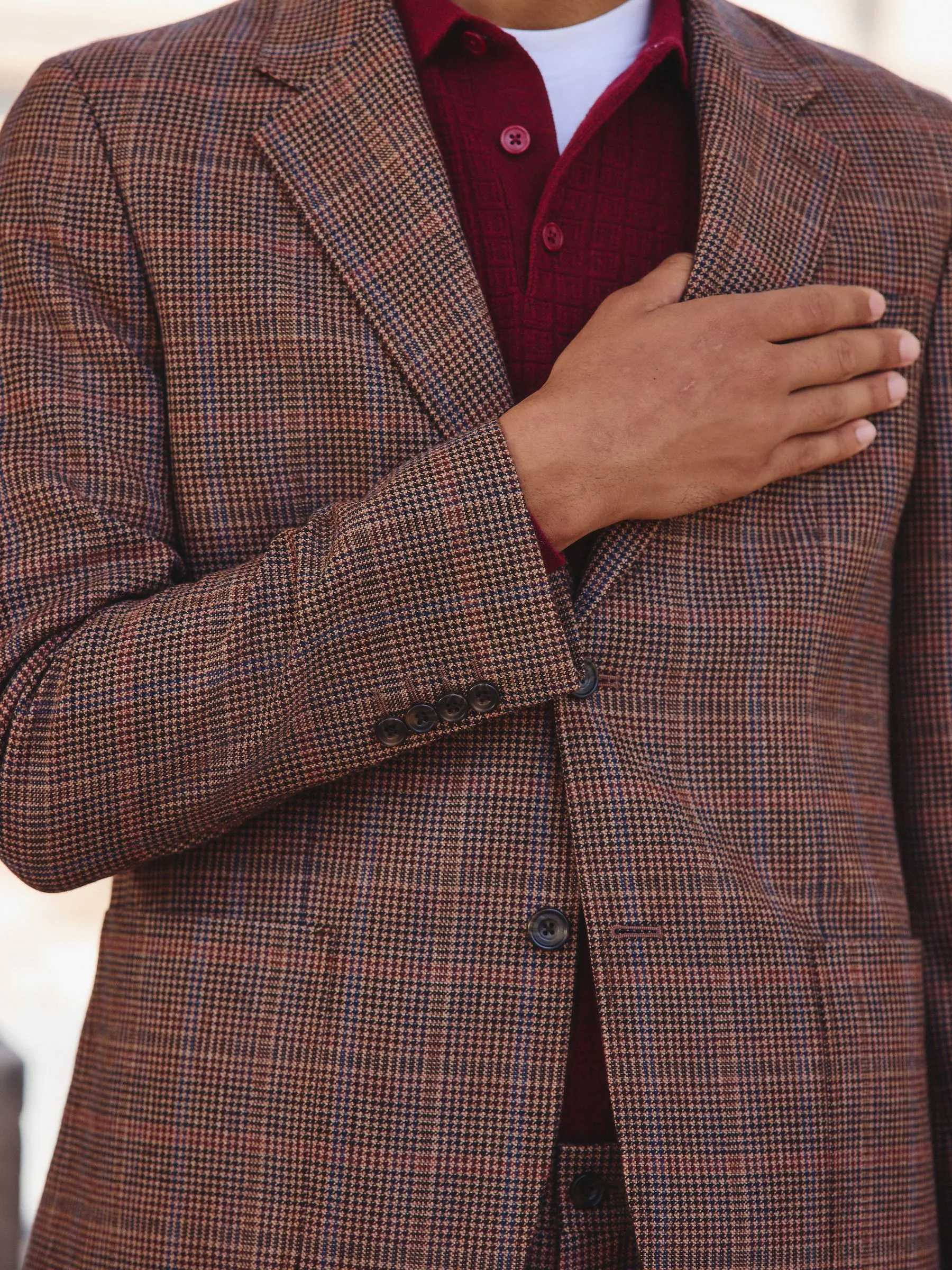 Bruin/rood - Slim fit wolmix geruit pak: jack