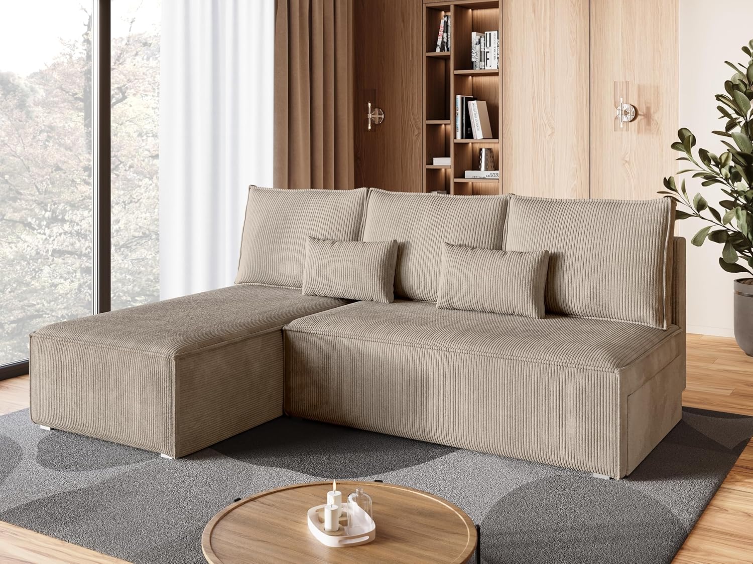BROMARKT Ecksofa mit Schlaffunktion Sofa l Form Couch mit Bettkasten Wohnzimmer Möbel Cord Schlafsofa Wohnlandschaft Sofa 3 sitzer TOP 200x85x145 cm Beige