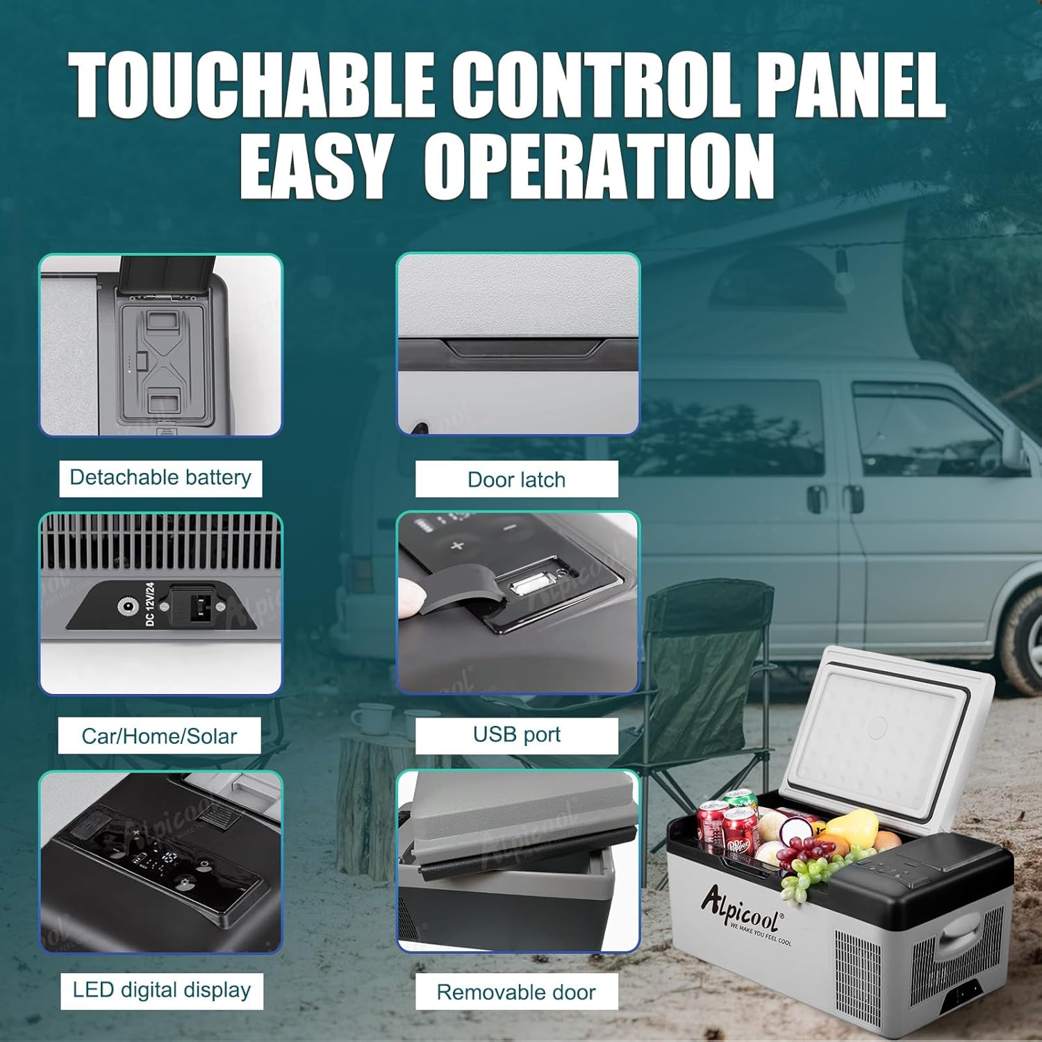 Alpicool EC15 15L Kompressor Kühlbox 12v Mini Kühlschrank Elektrische Camping-Gefrierbox Klein Tragbare für Auto, Lkw, Boot, RV mit USB Anschluss,-20℃-20℃,Wiederaufladbar(Batterie nicht enthalten)