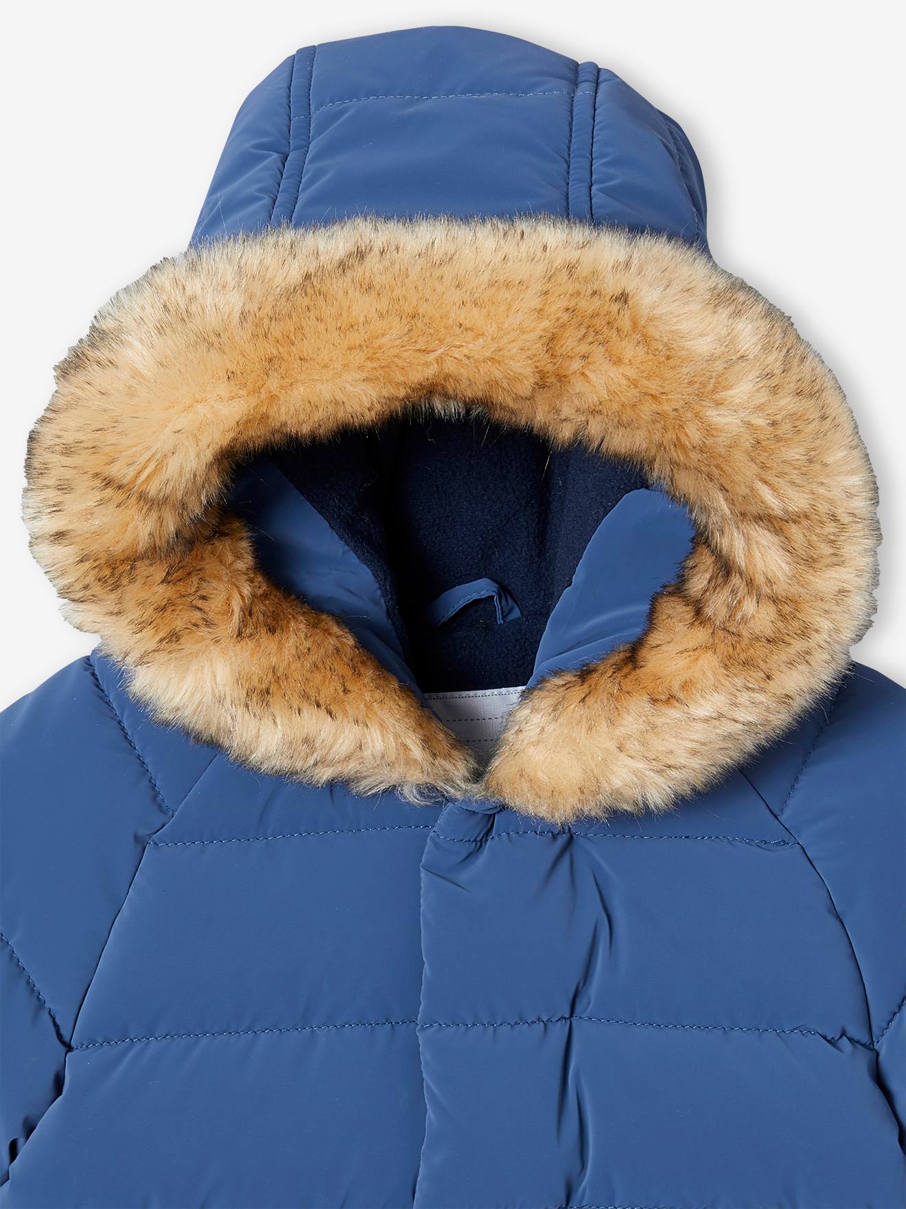 Jaqueta acolchoada e forrada com capuz para bebê na cor azul índigo