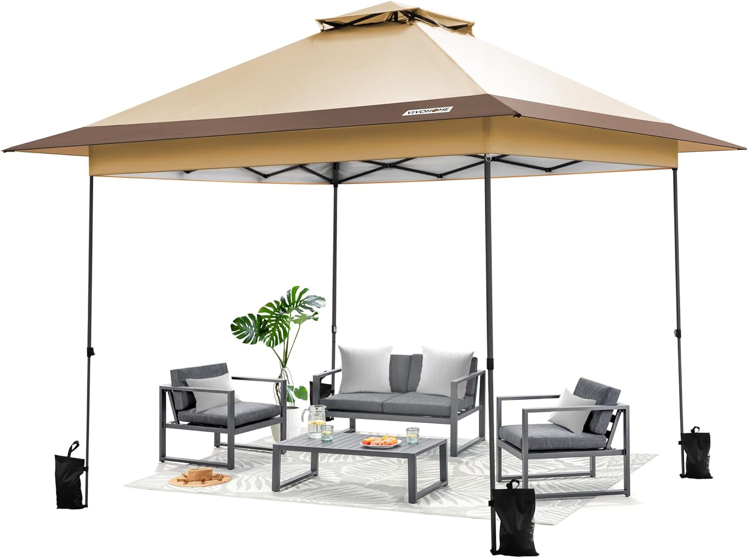 VIVOHOME Pavillon 4x4m Doppelschichtdach mit Rolltasche und 4 Sandsäcken 2 Ebenen tragbares Zelt für Terrasse Garten Hinterhof