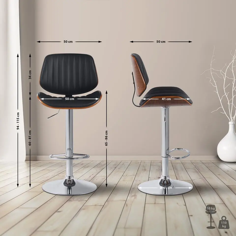 CLP Barkruk Clawson chroom Frame - Kunstleer - walnoot/zwart