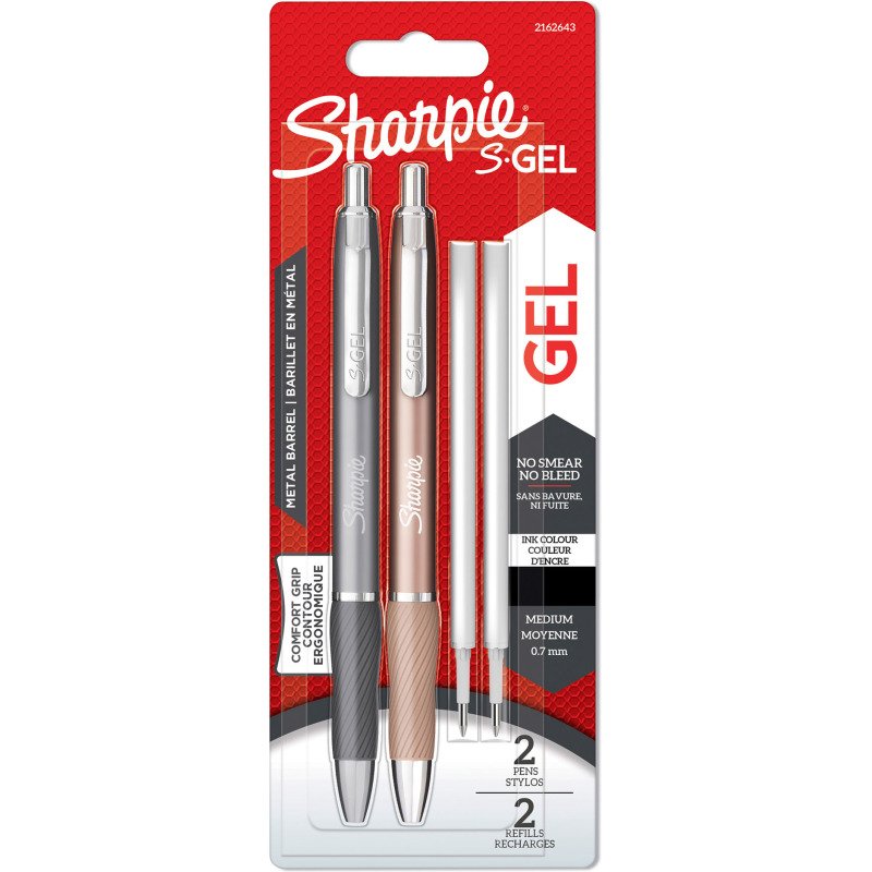 Stylo roller Sharpie S-Gel métallisés rétractable pointe 0,7 mm - écriture moyenne - Blister de 2 stylos et 2 recharges