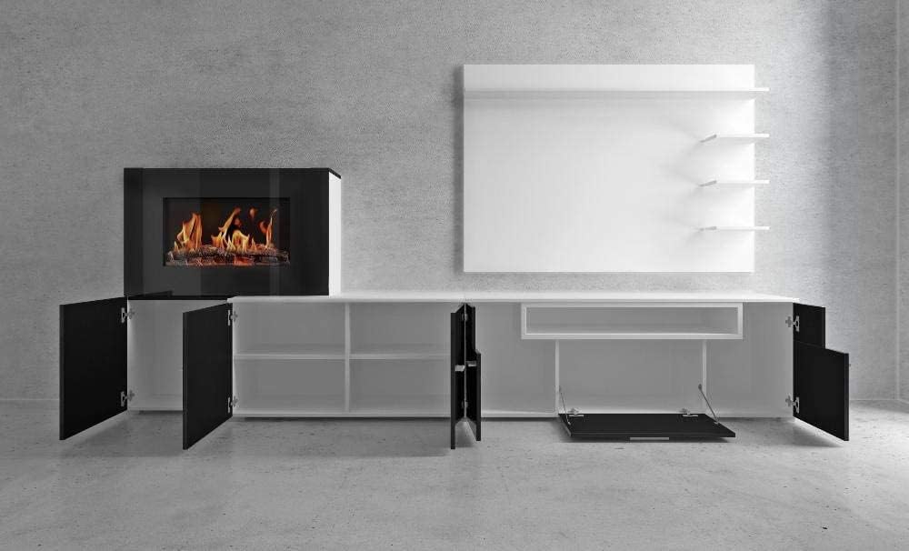 Skraut Home – Wohnzimmermöbel mit elektrischem Kamin – 170 x 290 x 45 cm – LED-Beleuchtungssystem mit Flammeneffekt – neues Olympo-Modell – moderner Stil – Ausführung in Weiß/Schwarz