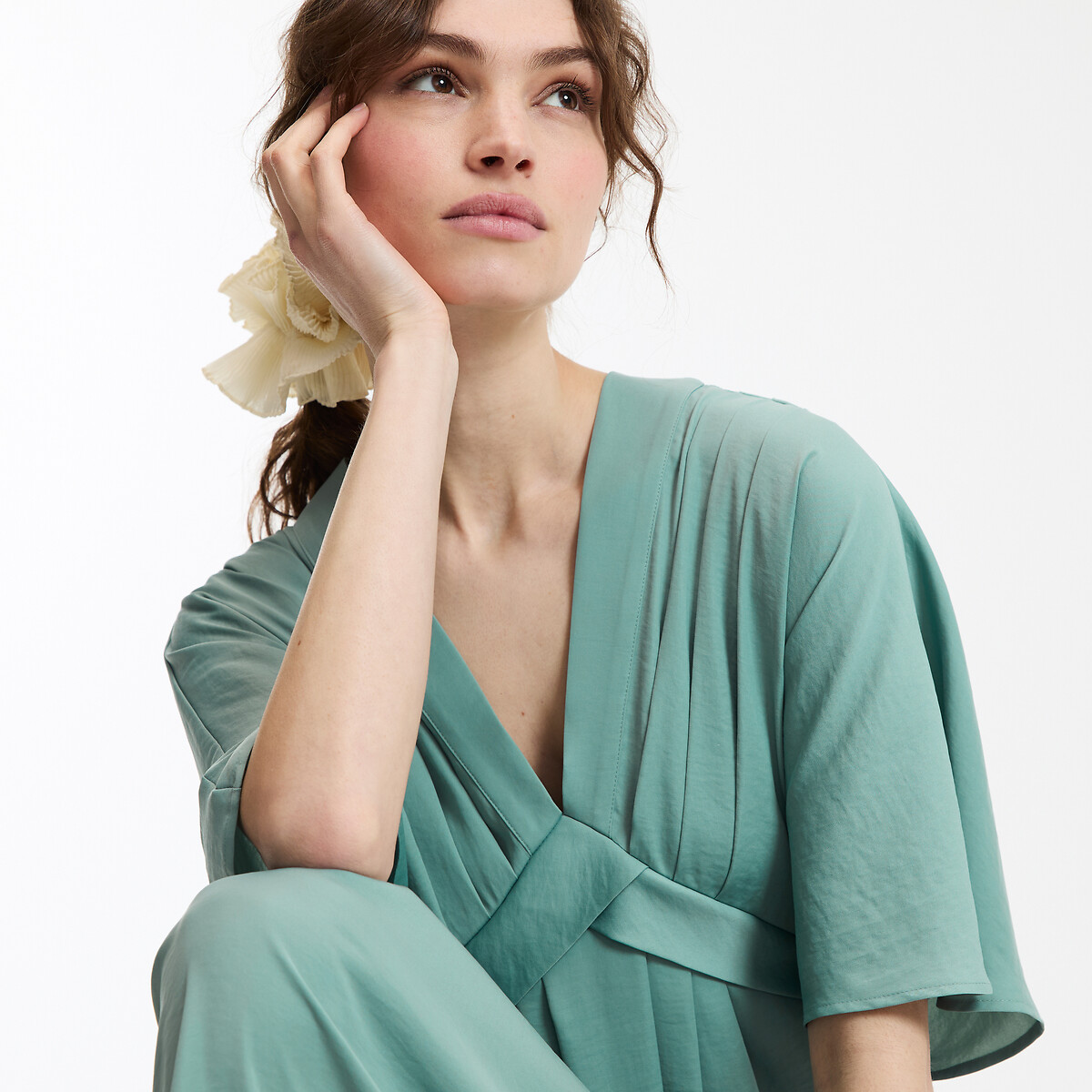 COLEÇÃO LA REDOUTE<br>Vestido longo com estampa de bandeira, decote em V e mangas até o cotovelo