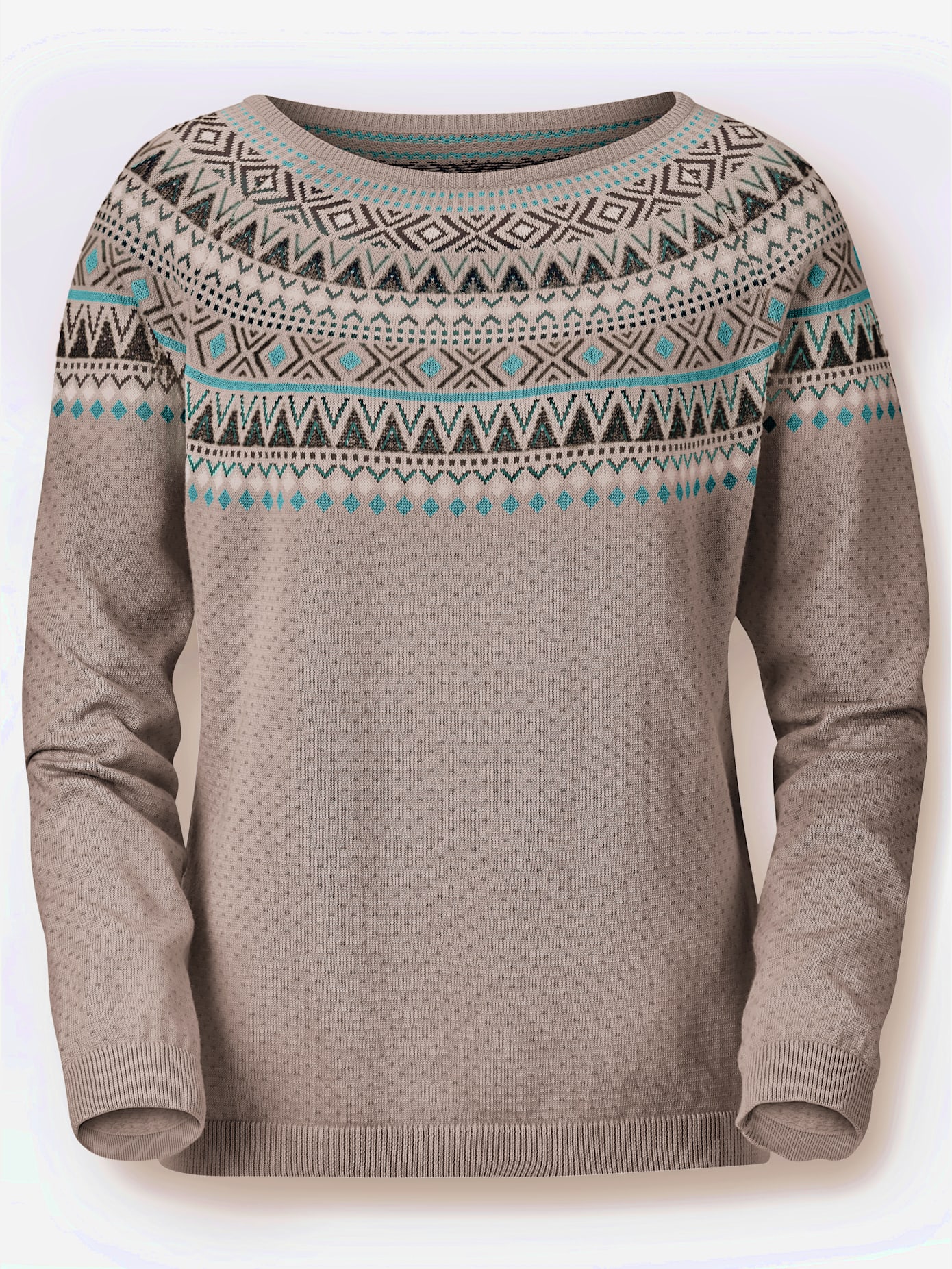 Pull motif jacquard norvégien col rond manches raglan