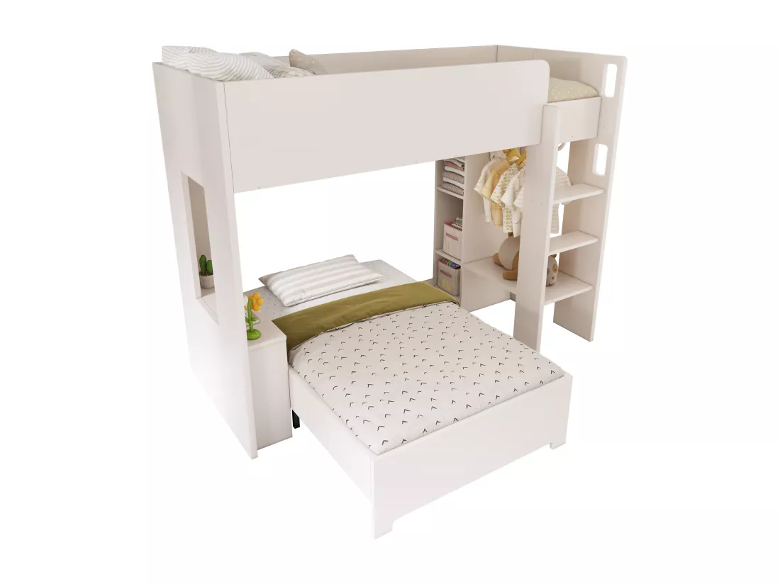 Lit superposé 90 x 200 cm - avec penderie + bureau - étagères ouvertes - avec escalier - blanc (matelas non inclus)