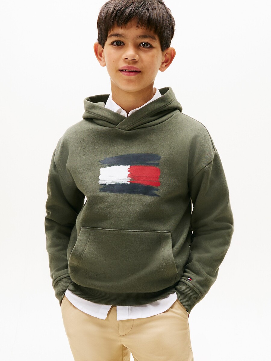 TOMMY HILFIGER<br>Moletom com capuz, estampa de bandeira, tecido fleece
