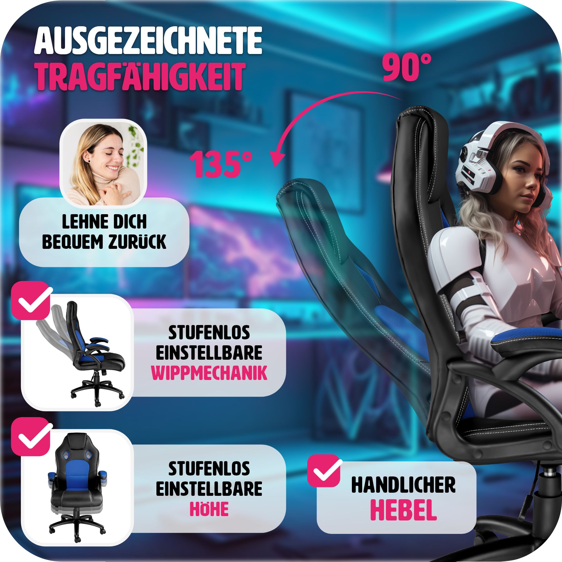 tectake® Bürostuhl, ergonomische Form, Kunstlederbezug mit Mesh-Gewebe, Belastbarkeit 120 kg