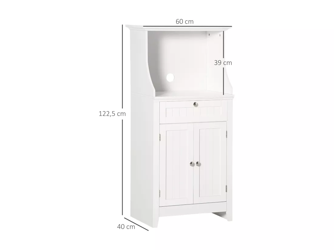 Meuble micro-ondes pour cuisine - tiroir, 2 portes, niche - dim. 60L x 40l x 122,5H cm - MDF blanc