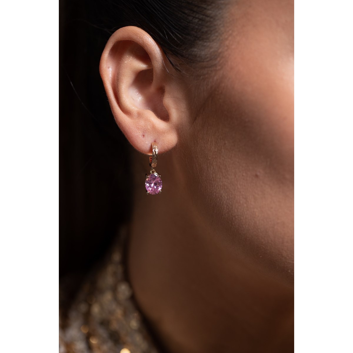 Boucles d'oreilles pendantes ELISABETH en Plaqué Or avec pierre synthétique rose
