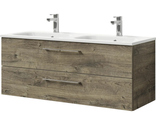 Pelipal Sunline 121 badkamermeubelset (B x H x D): 121 x 50 x 46 cm, frontkleur: Ribbeck eiken, met dubbele wastafel en badmeubel van mineraal gegoten metaal