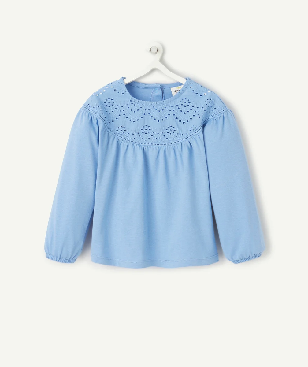 T-SHIRT BLEU BÉBÉ FILLE EN COTON BIO ET BRODERIE ANGLAISE