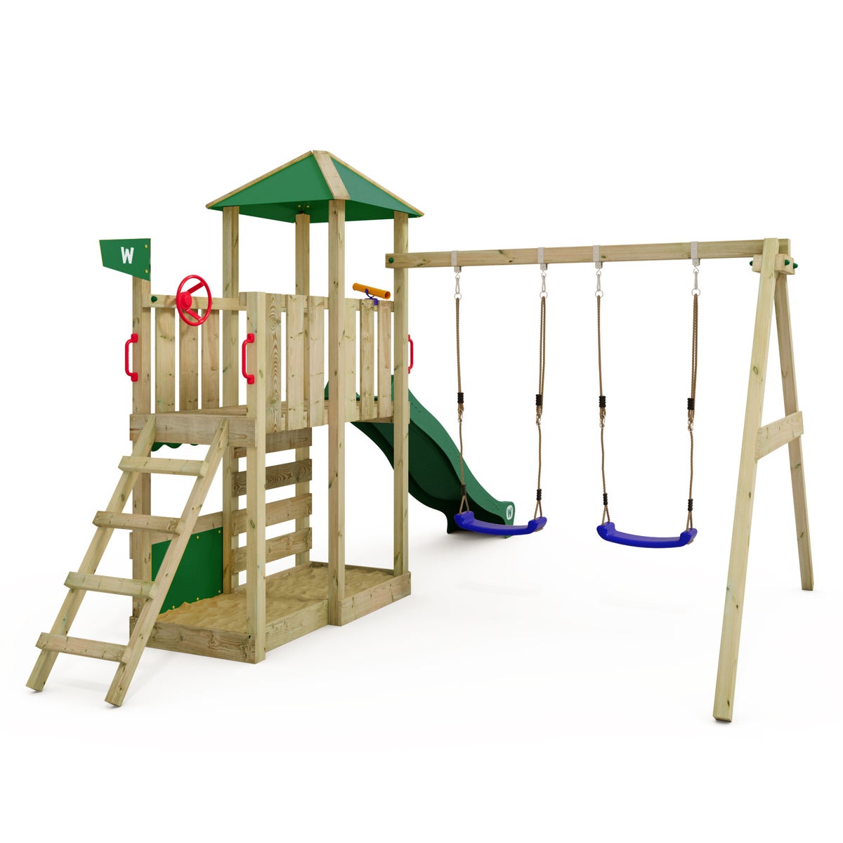WICKEY Smart Savana speeltoren klimtoestel met schommel en glijbaan, speelhuis met klimladder en speelaccessoires – groen