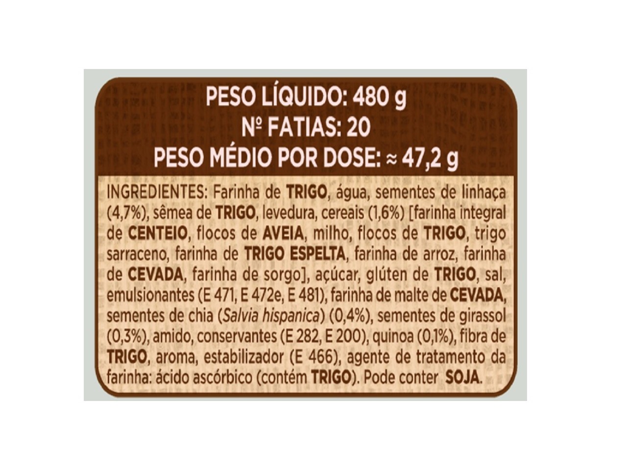PÃO PANRICO DE FORMA SEM CÔDEA 9 CEREAIS 480G