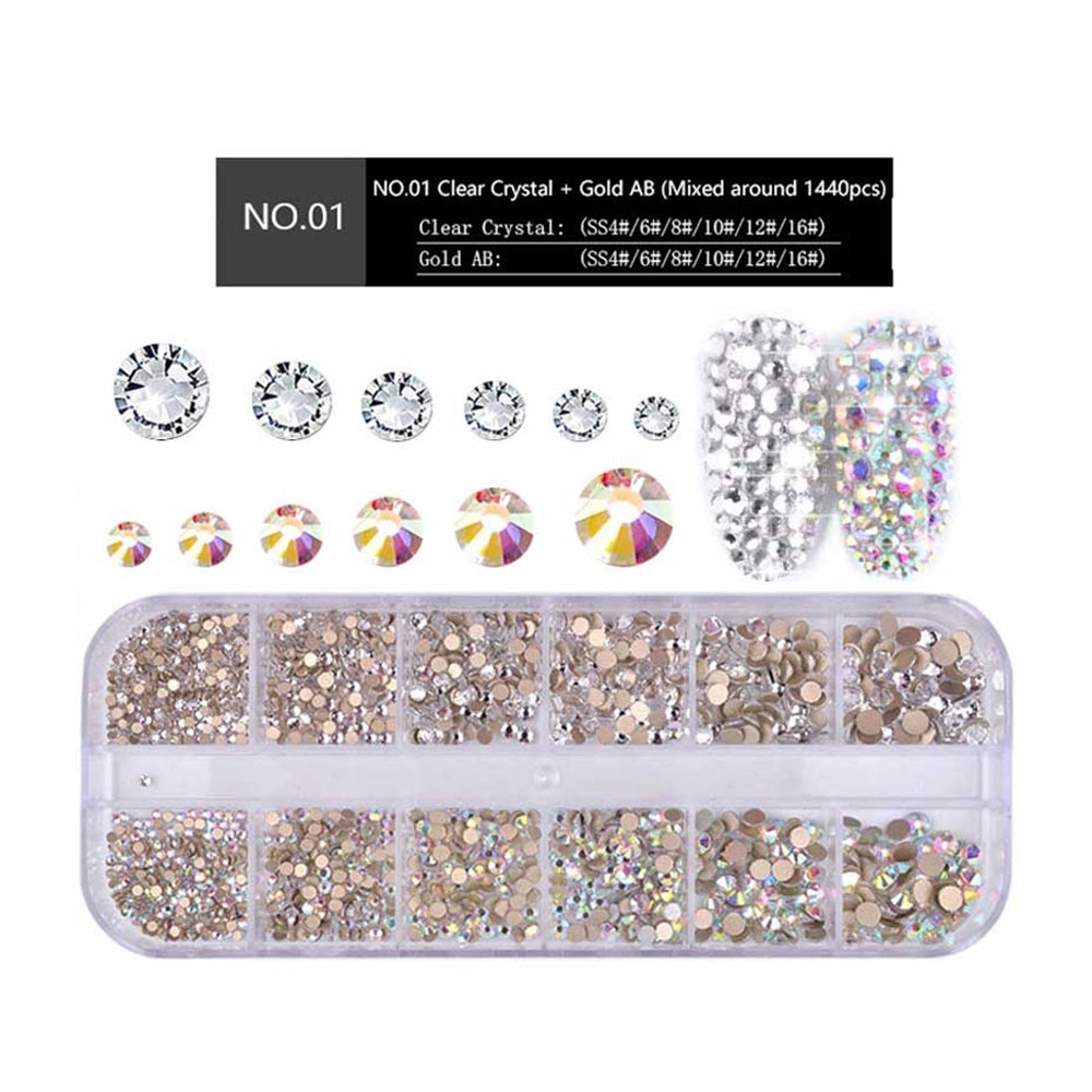 (12-tlg. Set) Nail Art 3D Nagel Glitzer Strass Edelstein Nagel Set für die Maniküre (Set Nr. 1) - Gold Bunt / Silber