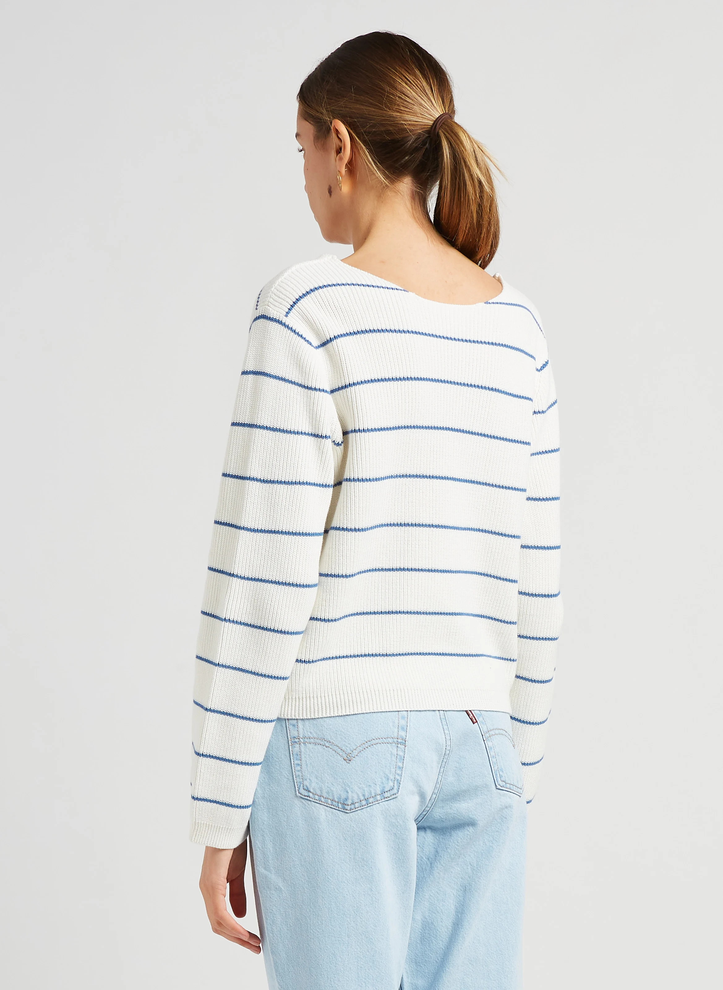 Pull col bateau rayé en coton| Blanc