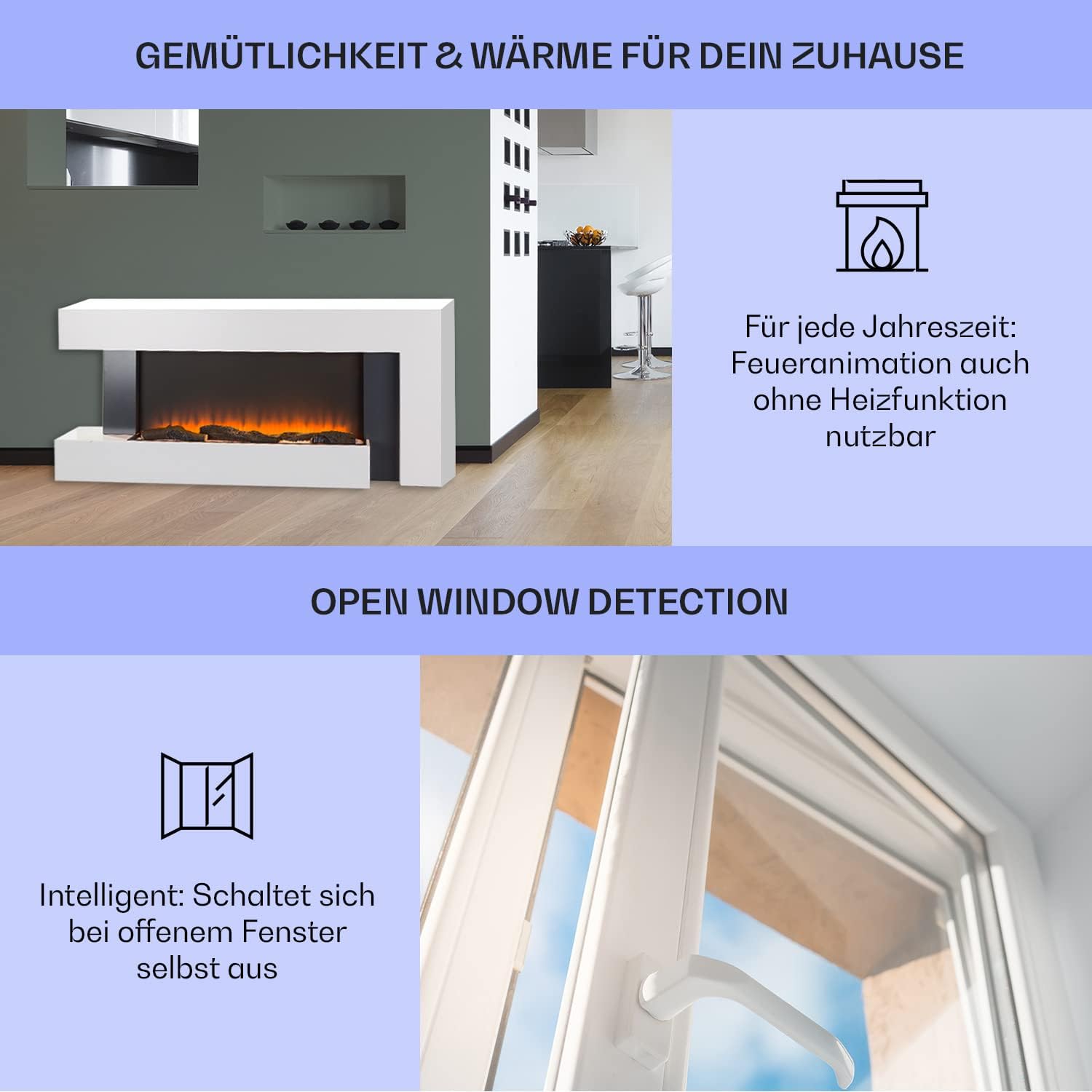 Klarstein Studio Light & Fire 2 - Elektrokamin mit LED-Flammenillusion, Elektro Kamin mit Timer-Funktion und Thermostat, 1000/2000W, MDF-Gehäuse, inkl. Fernbedienung, Ambient Down Light, weiß