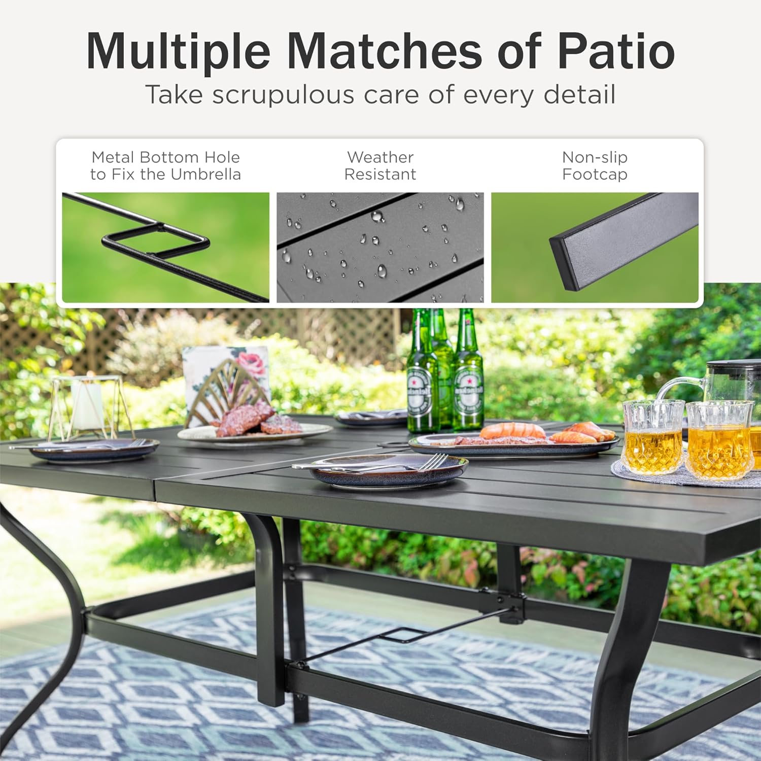 PHI VILLA Gartenmöbel Set Outdoor Balkon Esstisch mit 6 Rattan Stühlen und 1 Rechteckig Metall Gartentisch, 7-teiliges Gartenset Tisch und Stühle für 6, Patio Dining Table Set für Hinterhof Veranda