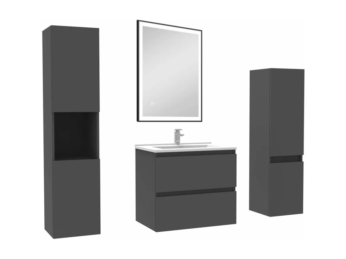 Meuble Salle de Bain 60cm avec colonne et miroir lumineux 3 couleurs Anthracite