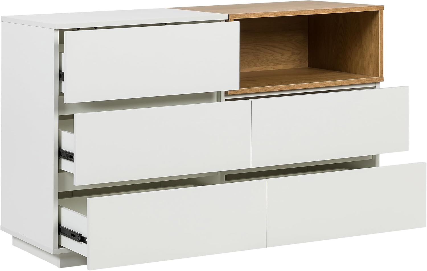 Sideboard mit 5 Schubladen 120x40x76 cm MELMO S Schubladenkommode im skandinavischen Stil, griffloses Design, Weiß/Eiche