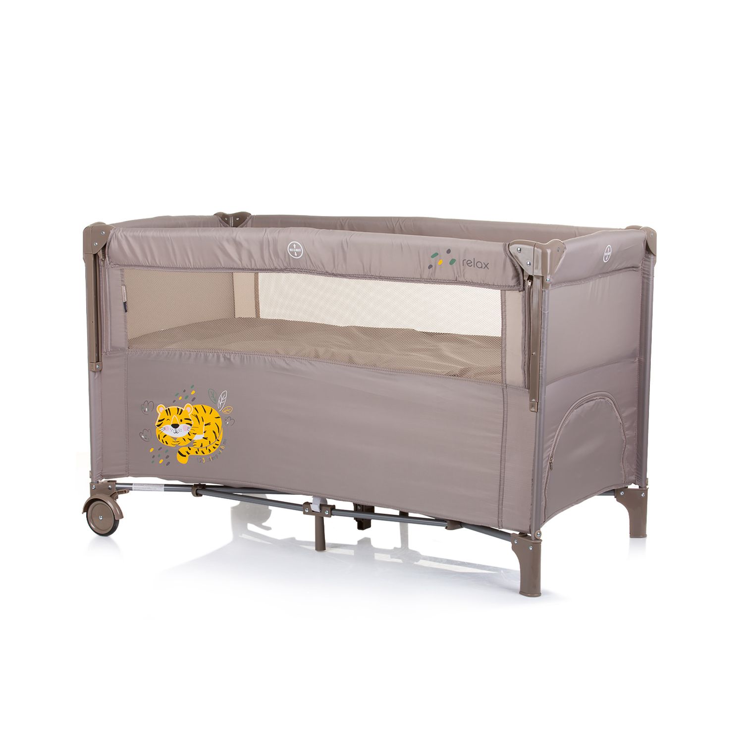 Chipolino Reisebett Relax 2 Ebenen, Vorderseite absenkbar, Seiteneingang, Tasche braun