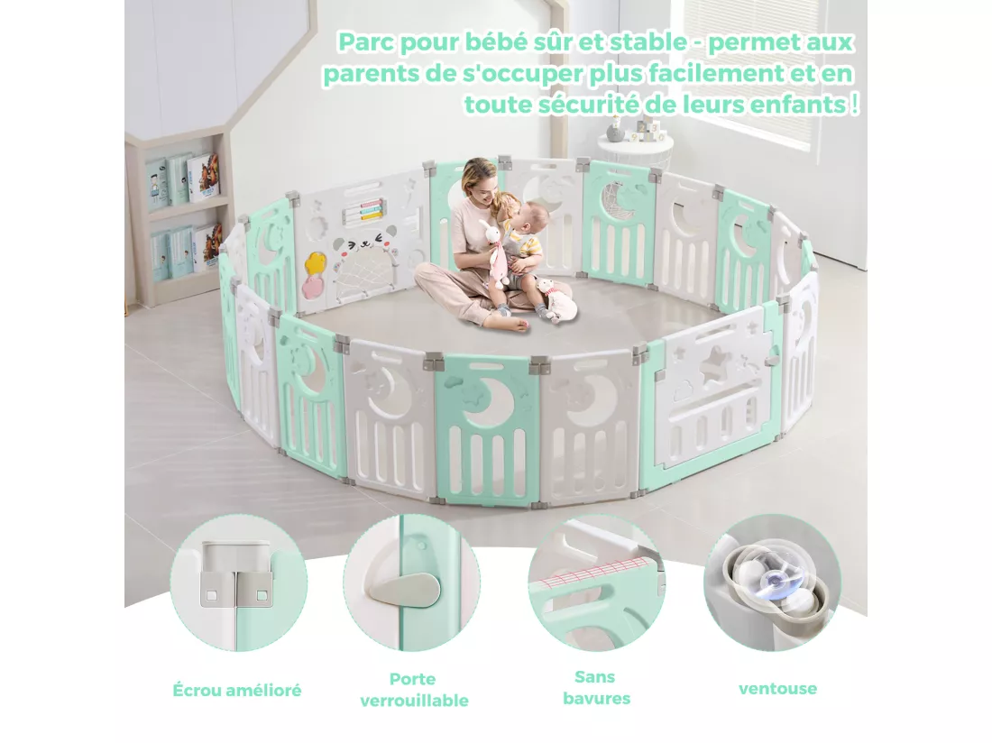 Parc Bébé 16+2 Panneaux,Barrière de Sécurité Portail Parc XXL,Grille de Protection en Plastiqu Ecologiques avec Porte,190x190cm-Vert
