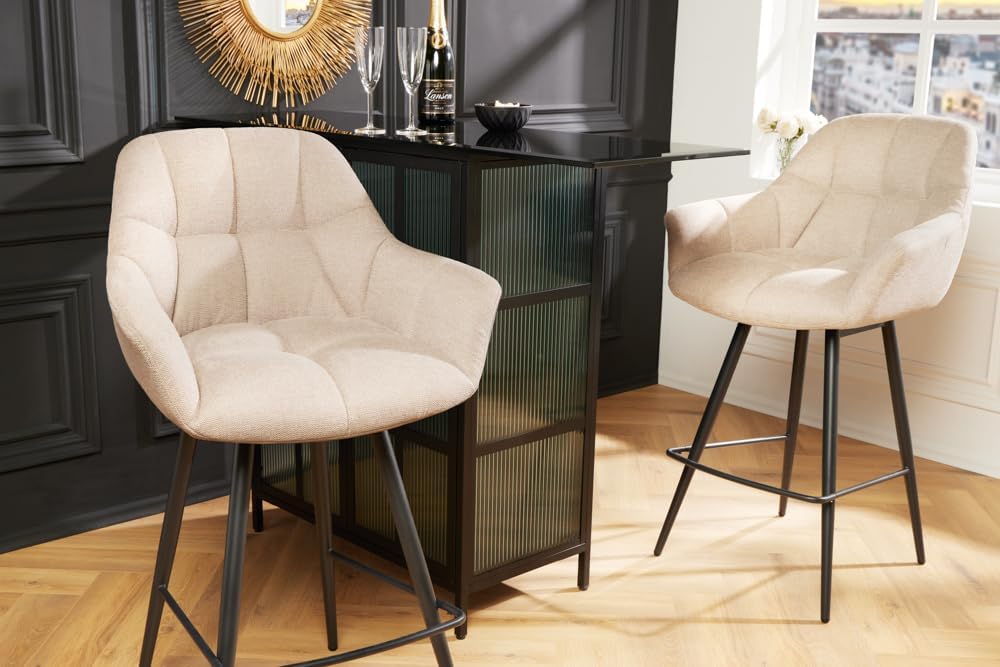 riess.ambiente Drehbarer Barhocker Papillon Champagner beige Samt 180° Barstuhl Küche mit Lehnen Schwarze Metallbeine hoher Stuhl Tresenstuhl Küchenstuhl
