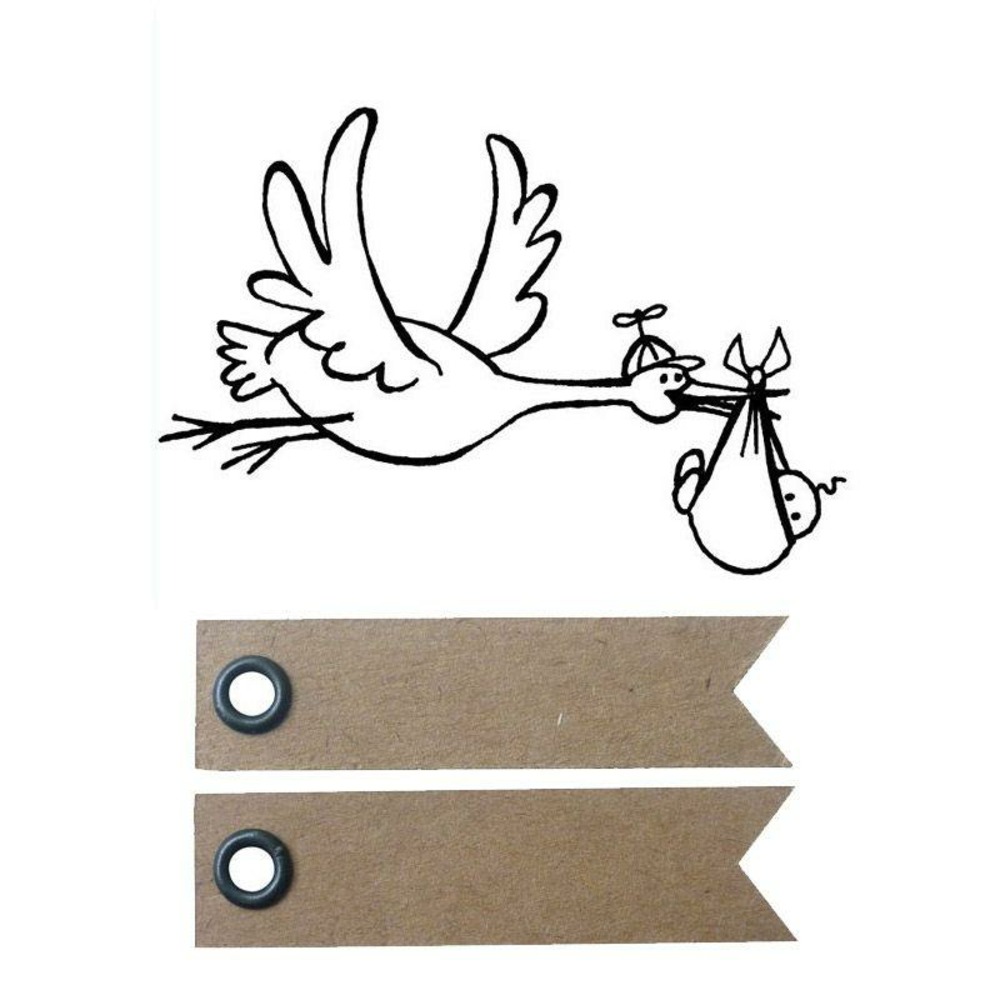 Tampon bois cigogne & bébé + 20 étiquettes kraft fanion