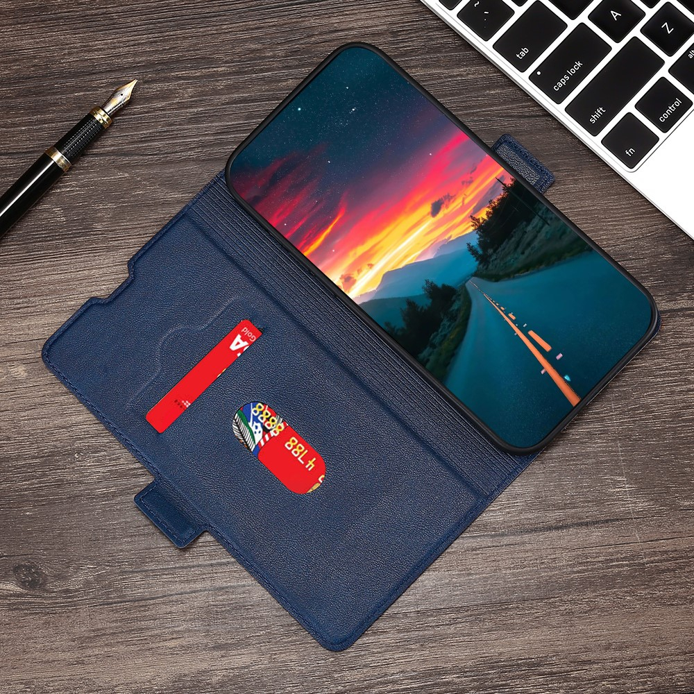 Samsung Galaxy S21 FE 5G Leder Tasche Flip Cover Litchi Look mit Kartenfach - Dunkelblau