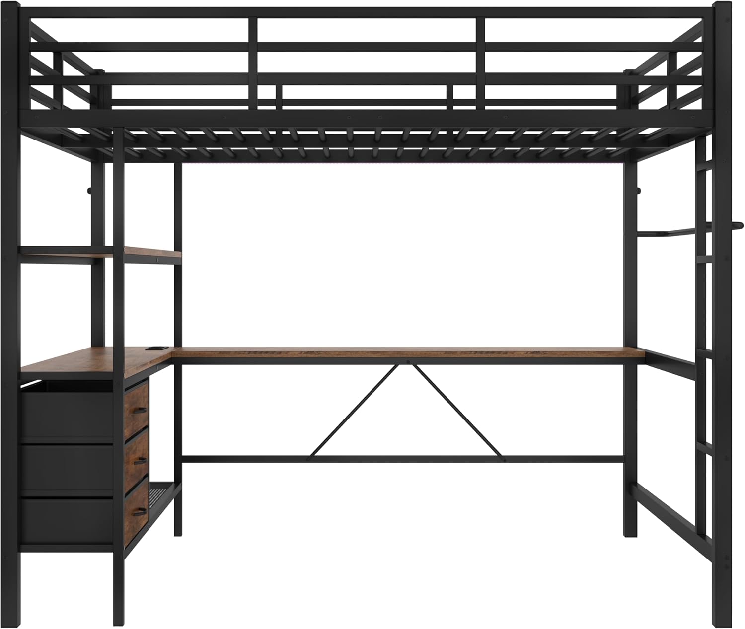 Hochbett 140x200 cm, Kinderbett mit Schreibtisch und LED, Jugendbett mit 3 Schubladen, Metallbett mit Steckdose+USB, Einzelbett für Kinder Jugendliche Schlafzimmer (Ohne Matratze) Schwarz