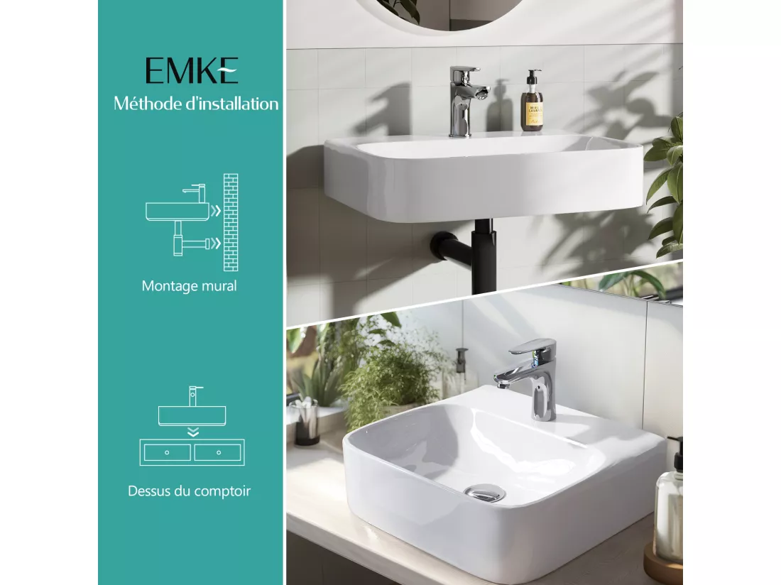 EMKE Vasque à Poser en céramique 43,5×39,5×13cm, Lavabo rectangulaire avec robinet trou prépercé, Lavabo à poser blanc brillant