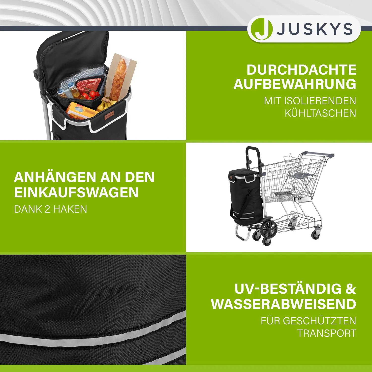 Juskys Einkaufstrolley 3in1 mit 2 Rollen für Shopping - 56 L Tasche - Trolley klappbar - Schwarz